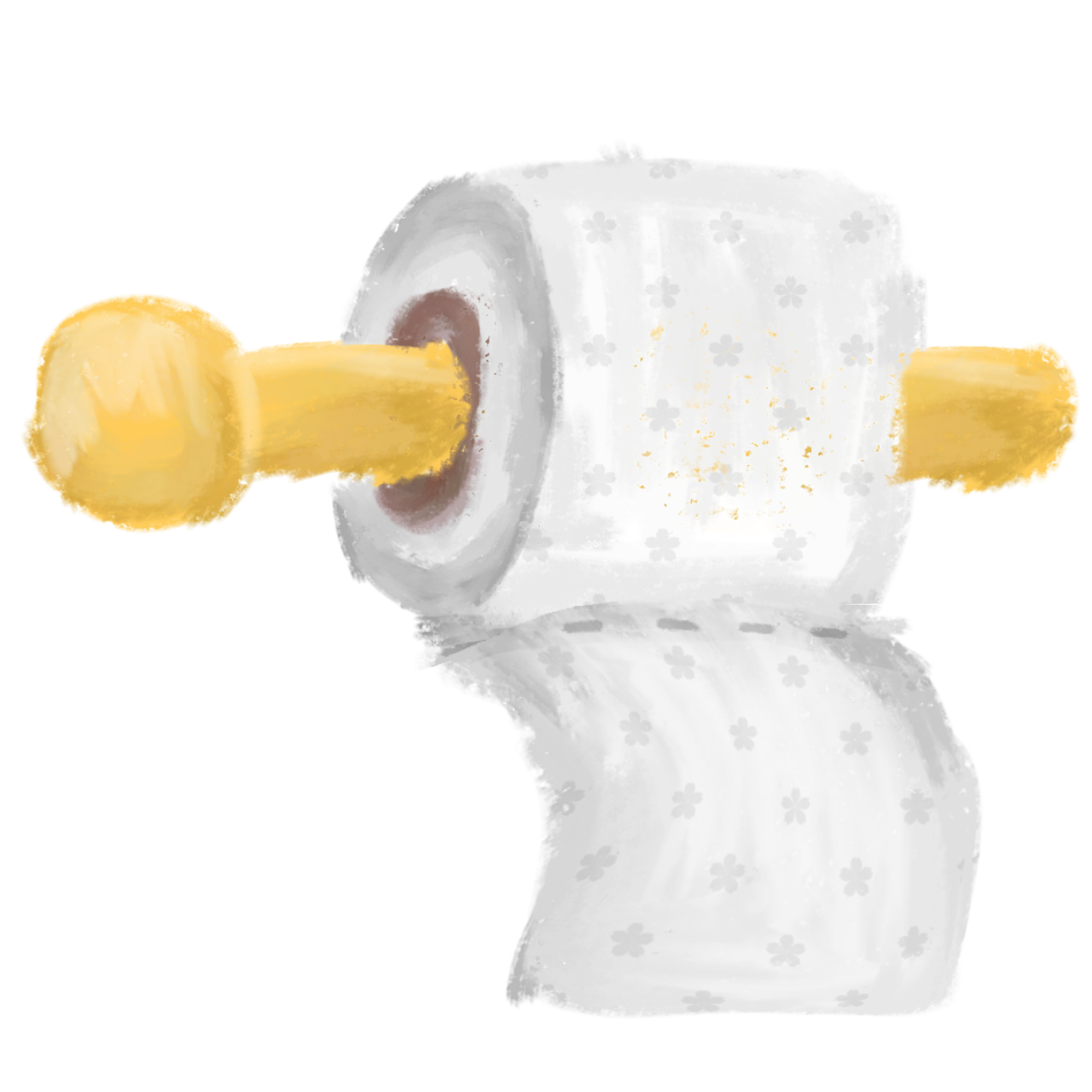  a roll of toilet paper on a holder with gold-colored handles on both sides. The toilet paper has subtle flower patterns on it.